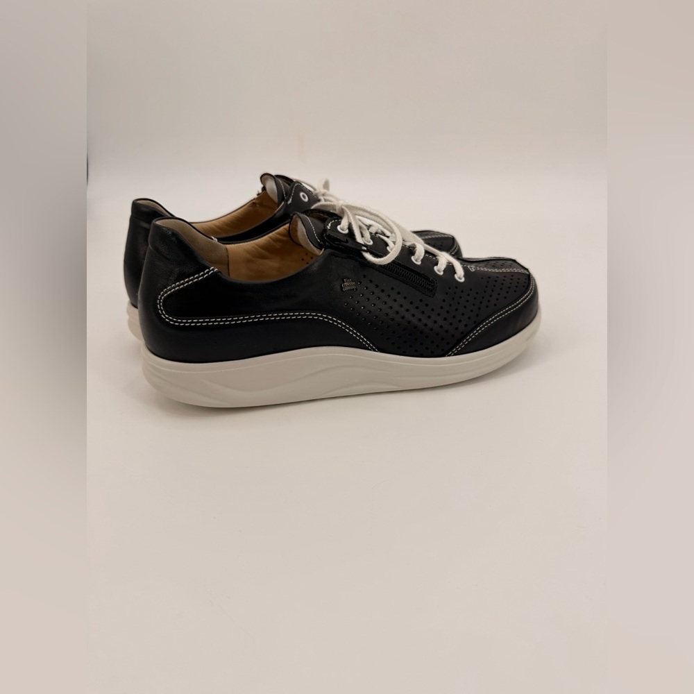 Finn Comfort Black Leather Sneakers Comfort Walking Shoes Lace-Up Perforated - Picture 5 of 16